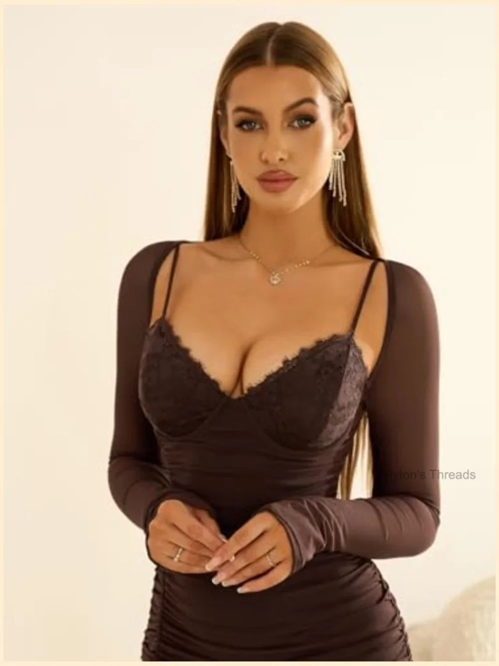 Long Sleeve V Neck Bodycon Ruched Mini Dress Club Party Going Out - Picture 4 of 7